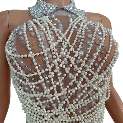 Elegant Pearls Crystal Tassel Wide Leg Jumpsuit Women Plus Size Backless Club Party Rompers Birthday Prom Playsuit Festival Wear