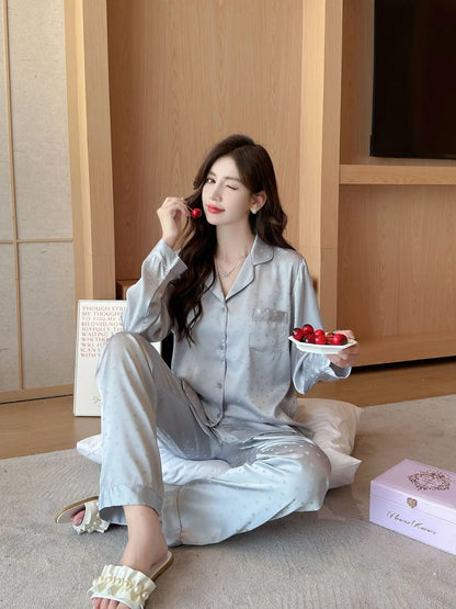 Women's New Arrival Silk-Feel Ice-Silk Lightweight Long-Sleeve Pajama Set Two-Piece Comfortable Homewear Suit