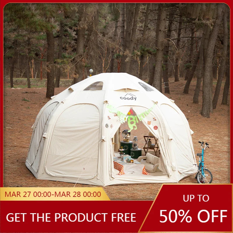 Coody Factory Direct Beige Geodesic Inflatable Dome Tent, Cotton Durable Large Tent for All Season Family Camping