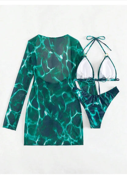 3 Piece Bikini Set Women Swimsuit Halter Cutout Metal Ring Mesh Cover Up Beach Dress Swimwear Bathing Suit
