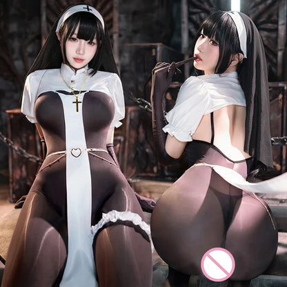 Sexy Nun Uniform Cosplay Halloween Costume Lingerie Open Crotch Jumpsuit Black See Though Tight Bodysuit Women Bodystocking