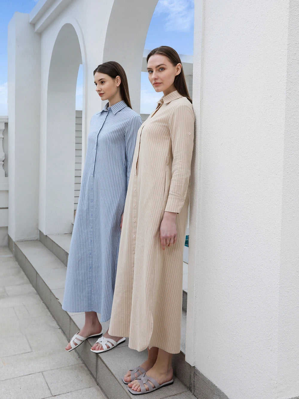 AP SS25 Women Stripe Blouse Maxi Dress with Removable Belt 100% Cotton