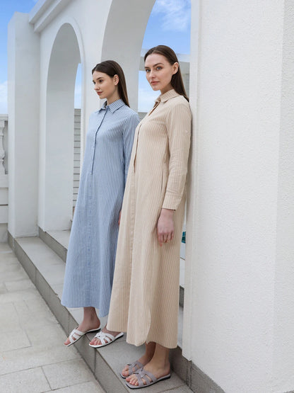 AP SS25 Women Stripe Blouse Maxi Dress with Removable Belt 100% Cotton