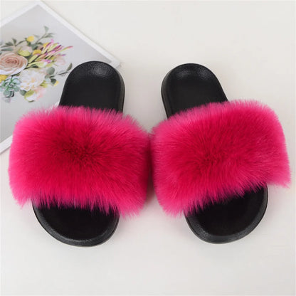 Women's Summer Faux Fur Fox Fur Slippers Fashion Luxury Indoor and Outdoor Non-Slip Solid Color Flat Bottom Furry Sandals