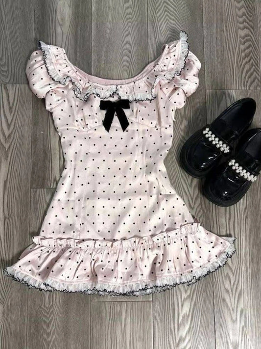 Women Summer Korean Fashion Sweet Bow Tops Vintage Cute Y2K Polka Dot Print Slim Fit Japan Lace Shirt Short Sleeve 2000s Clothes