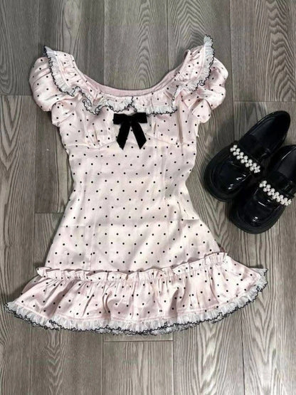 Women Summer Korean Fashion Sweet Bow Tops Vintage Cute Y2K Polka Dot Print Slim Fit Japan Lace Shirt Short Sleeve 2000s Clothes