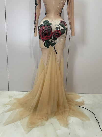 Women Sparkly Diamonds Rose Floral Long Sleeves Floor-Length Dress Eveing Celebrate Birthday Party Nightclub Sexy Stage Costume