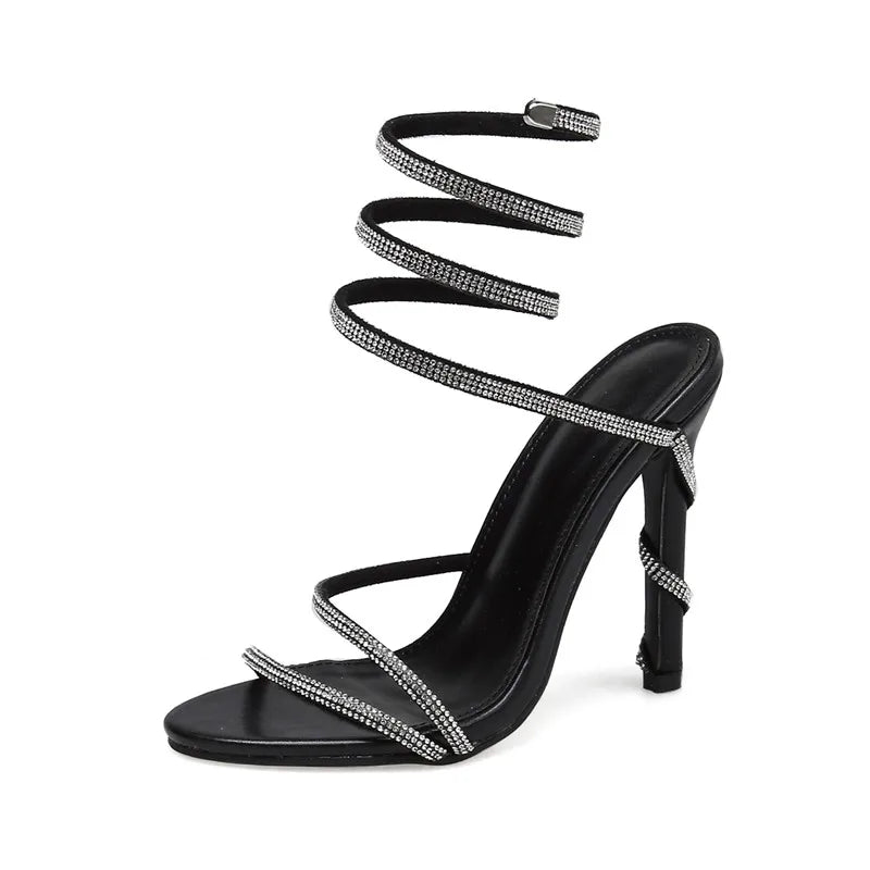 Luxury Crystal Snake Coiled Women Sandals Sexy Narrow band Thin High heels Wedding Party Female Gladiator Sandals Summer Shoes
