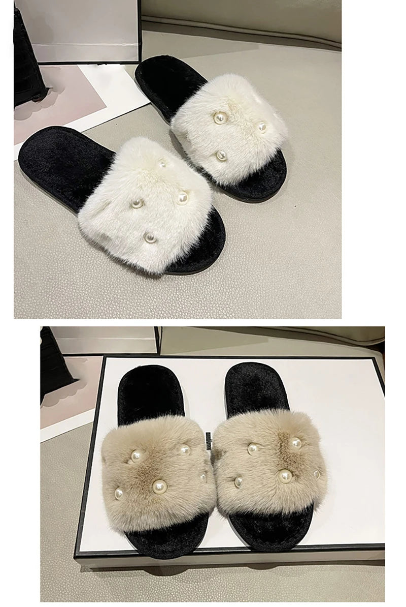 Perle Fluffy Slippers Home Winter Casual Designer Shoes Women 2025 New Luxury Indoor Plush Slides Girls Fashion Elegant Footwear