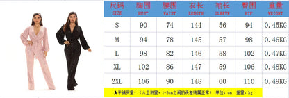 2026 Women's Elegant Sequined Jumpsuit Spring Summer Ladies Bling Bling V-neck High Waist Rompers Overalls with Lantern Sleeve