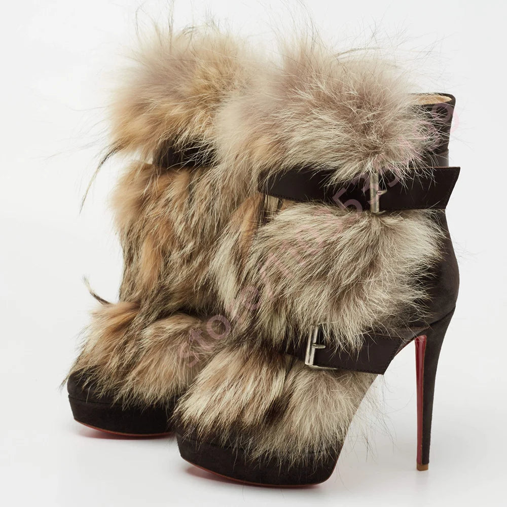 Winter Platform Belt Buckle Soft Fur Short Boots Fashion Show Party Casual Furry Boots New Sexy Women's Stiletto Warm Boots