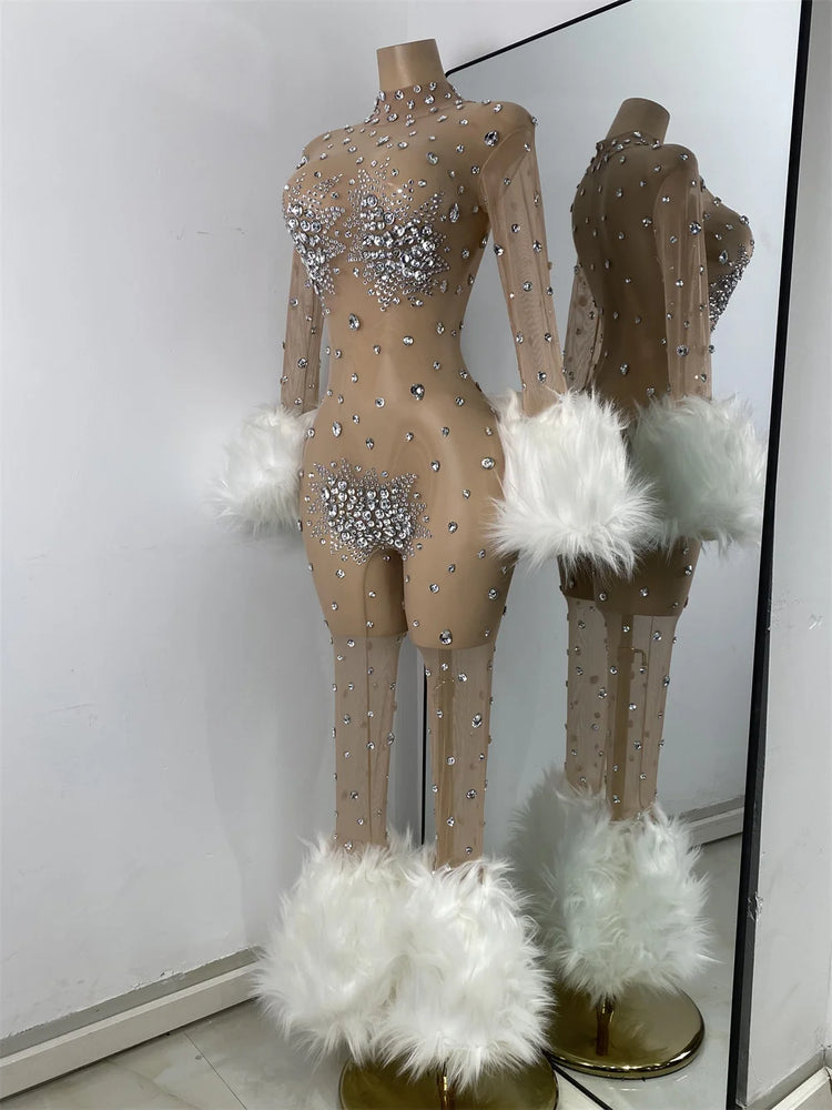 Luxury Diamonds Mesh Transparent Stretchy Jumpsuit for Women Sexy Long Sleeve Performance Singer Costume Nightclub Outfit 2025