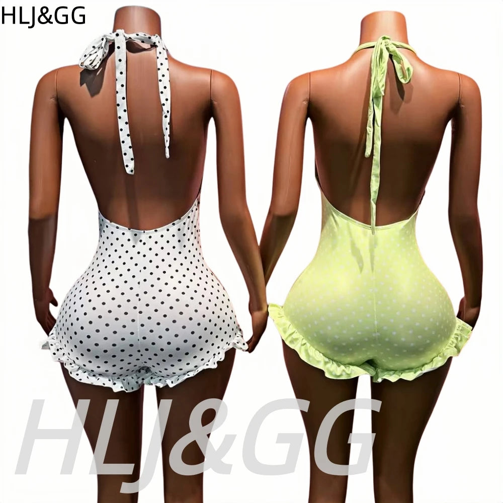 HLJ&GG Sexy Hot Girl Polka Dot Print Ruffle Bodycon One Piece Rompers Women Halter Backless Lace Up Playsuits Fashion Overalls
