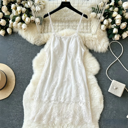 Ladies Summer One Piece Slip Dress With Bow Lace Suspenders Sexy Solid Mini Dress Loose Slash Neck Girls Hotsweet Thin Soft New