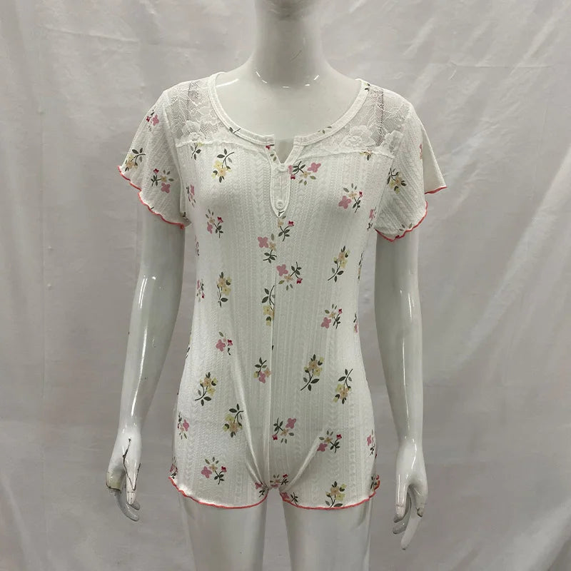 Summer Women's Floral Print Lace Trim Button Front Short Sleeve Ruffled Hem Bodycon Romper Pajamas Loungewear Sleepwear for Home