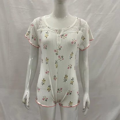 Summer Women's Floral Print Lace Trim Button Front Short Sleeve Ruffled Hem Bodycon Romper Pajamas Loungewear Sleepwear for Home