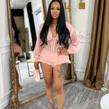 Sexy Mesh Corset Jumpsuit Women Gothic Ruffle Layered Rompers Long Sleeve Sheer Bodysuit Cross-pants Party Nightclub Romper