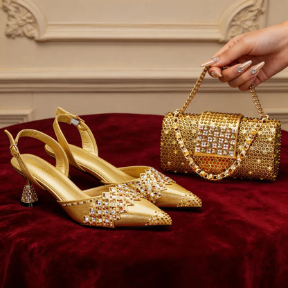 New Arrival Women Shoes and Bags To Match Set Nigeria Party African Matching Shoes and Bags Decorated with Rhinestone
