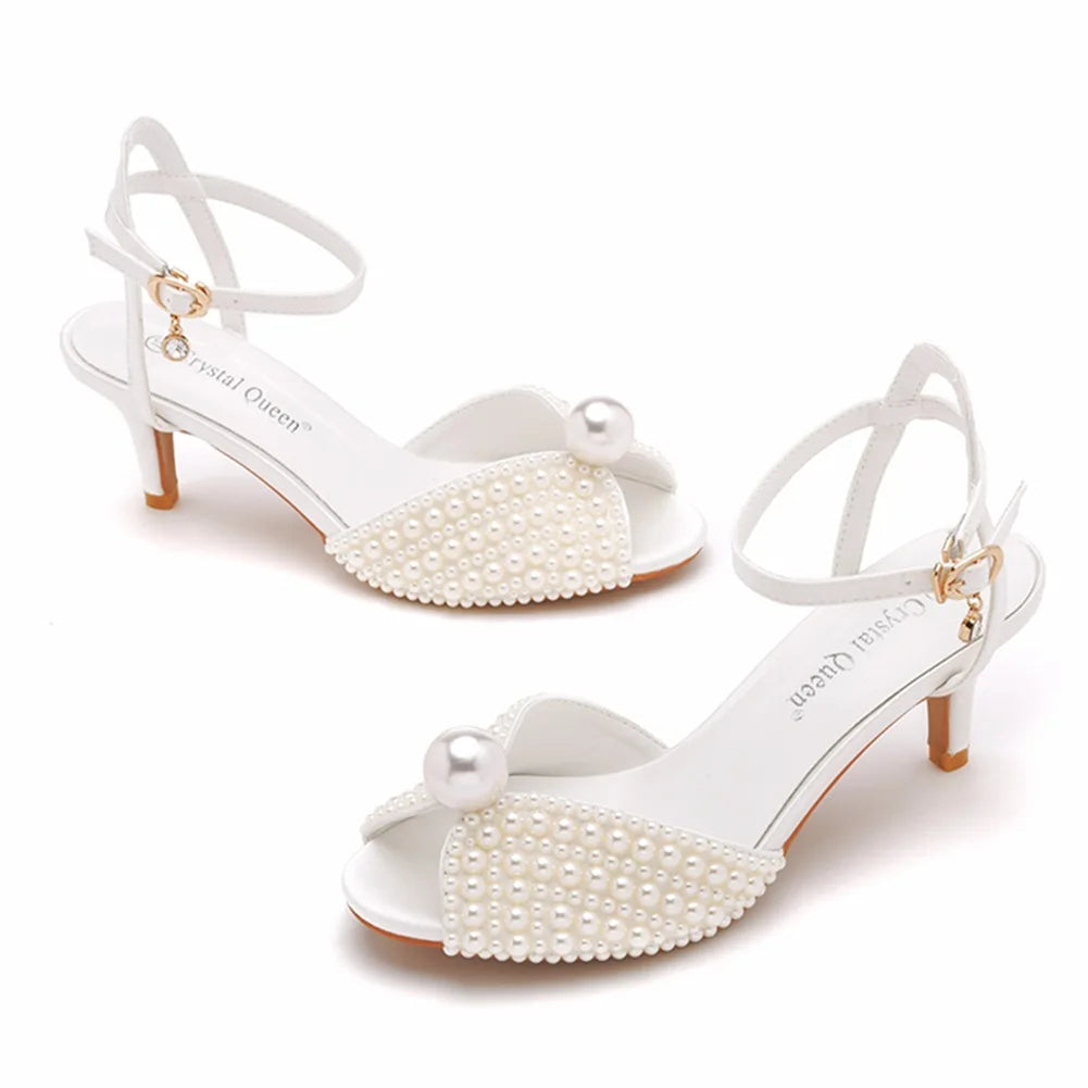 Maogu 6cm Fish Mouth High Heeled Sandals Buckle Wedding Bride Luxury Designer Shoes Heels Pearl Sandal Ladies Shoe Large Size 43