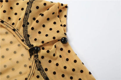 FAGADOER Khaki Polka Dot Bodycon Shorts Romper Women Stand Collar Back Hollow Out Skinny Jumpsuits Mesh See Through Playsuit