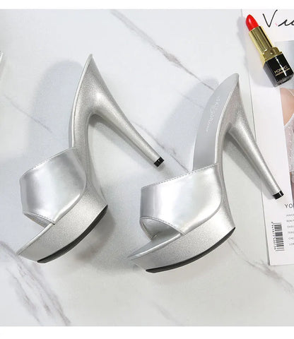 13CM Woman Slippers Mule Patent Leather Sandals Sexy Fashion Slides Party Shoes for Women Luxury Black Summer Platform Sandals