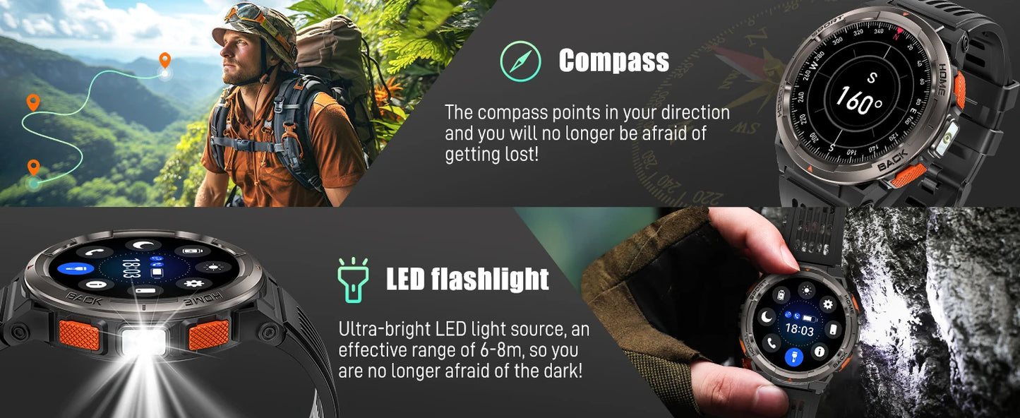 EIGIIS KE5 3ATM Waterproof Smart Watch for Men with LED Flashlight 1.45'' HD Rugged Smartwatch with 530mAh Big Battery