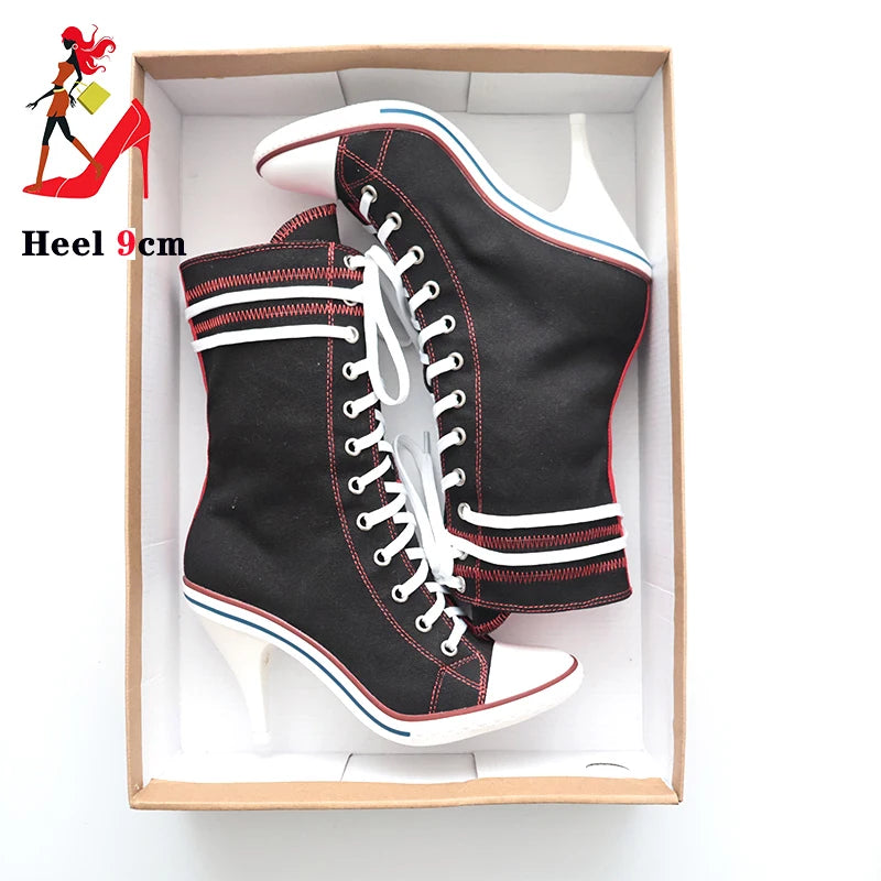 2024 Women Boots Design Stiletto High Heel Canvas Shoes Fashion Lady Lace up Pointed Ankle Shoes Sexy High-heeled Thin Heel Boot
