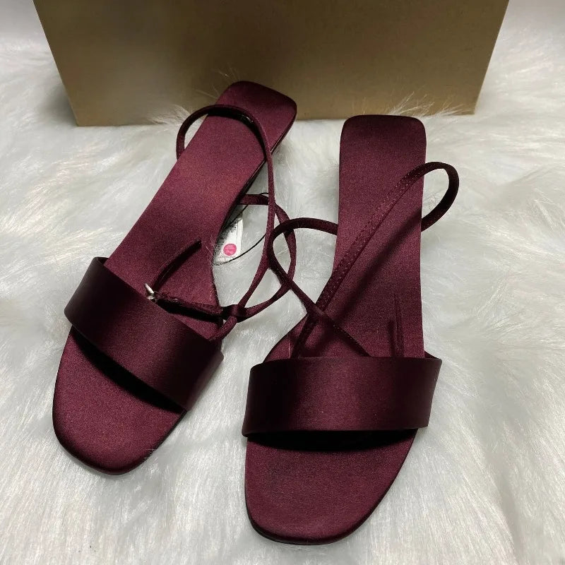 Luxury Satin Ankle Strap Low Heels Women Modern Sandals Summer Elegant Open Toe Brand Designer Large Size Female Office Shoes