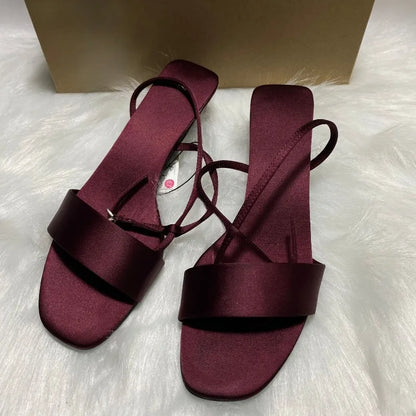 Luxury Satin Ankle Strap Low Heels Women Modern Sandals Summer Elegant Open Toe Brand Designer Large Size Female Office Shoes