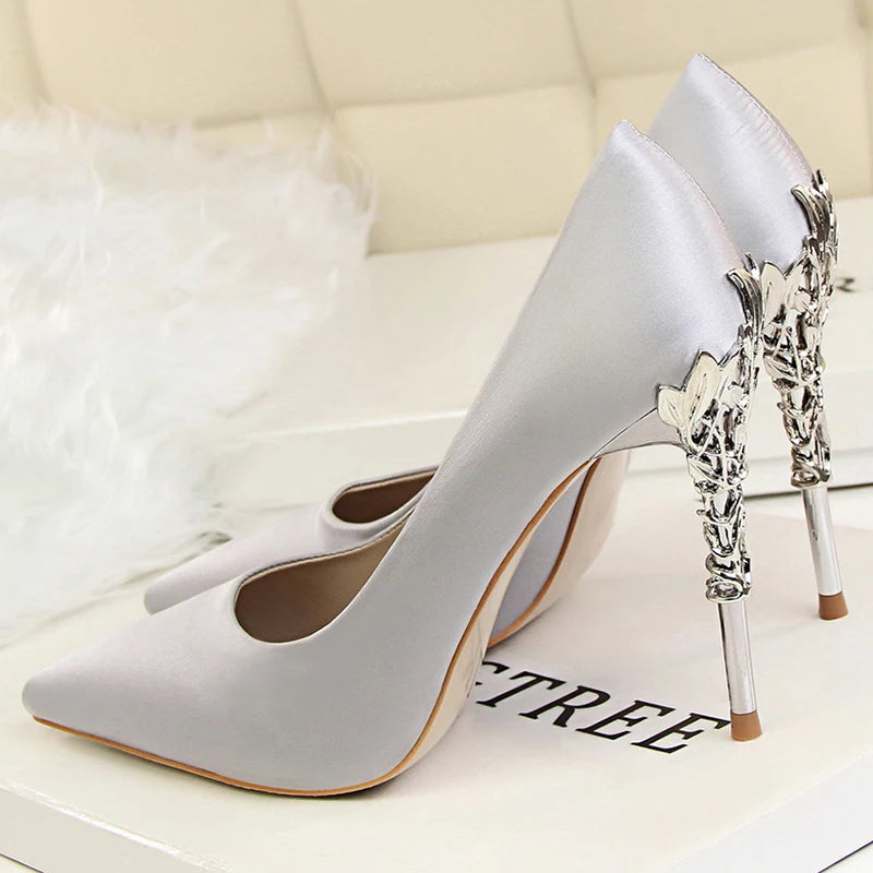 Women Luxury Metallic Decoration Heel Wedding Shoes Lady Trendy 10cm High Heels Pointed Toe Shoes Female Premium Gray Shoes