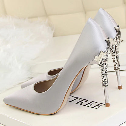 Women Luxury Metallic Decoration Heel Wedding Shoes Lady Trendy 10cm High Heels Pointed Toe Shoes Female Premium Gray Shoes