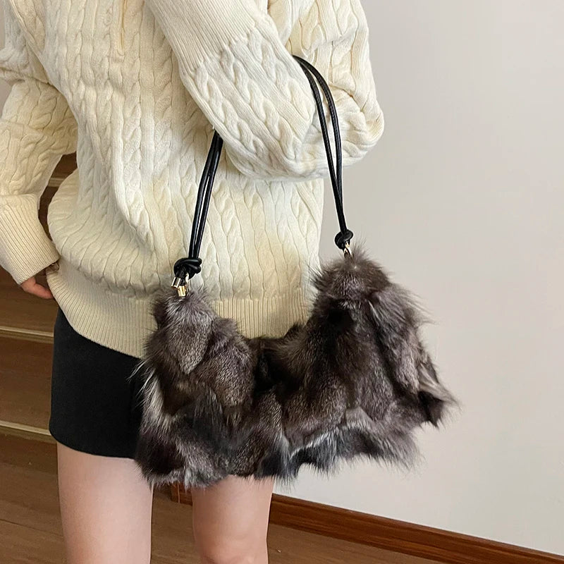 Winter Warm Fox Fur Shoulder Hobo Bags For Women Latest Luxury Designer Purses And Handbags Elegant Evening Bag For Dinner Party