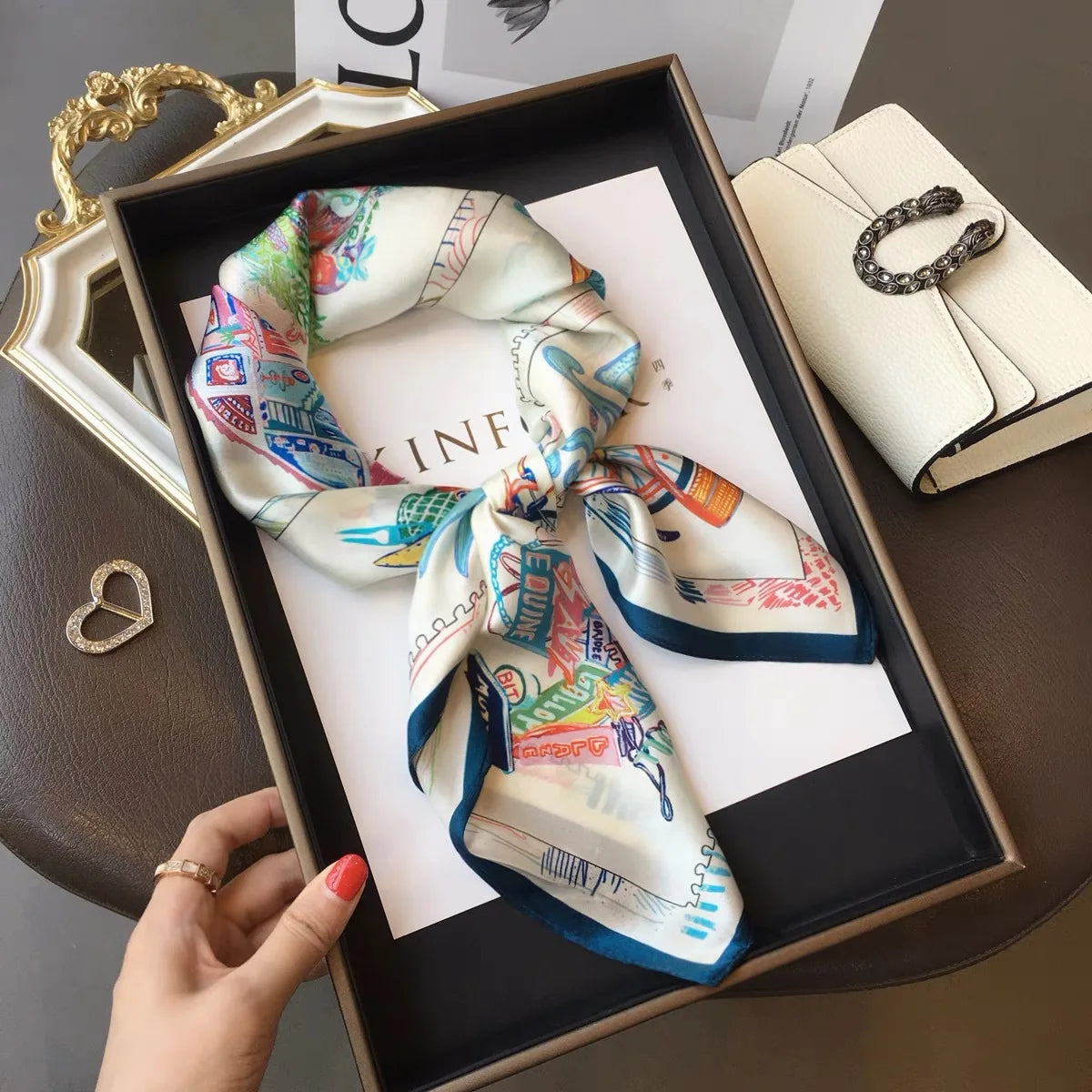 100% Mulberry Silk Square Scarf Horse Print Headscarf Bandana Neckerchief Neck Wrap Bag Accessory Fashion Foulard for Women