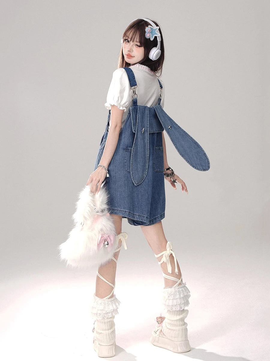 REDDACHiC Denim Blue Bunny Ears Rompers Women Star Rivets Sleeveless Wide Leg Solid Casual Overall Shorts Jumpsuit Streetwear