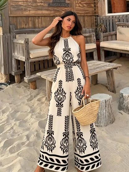 New Trendy Women's One-Piece Pants, with Loose Leg Design, lightweight and Smooth Fabric, High Elasticity Waistband, Black and White Retro Ethnic Print, American Size, Shipped from the US Warehouse, Fast Delivery, Bohemian St