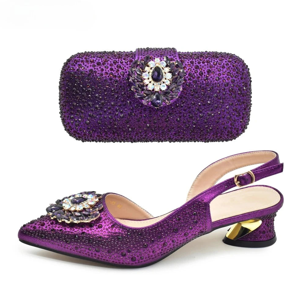 Latest Purple Italian Matching Shoes and Bag Sets Luxury Woman Pumps with Full Diamond Dual Purpose Mini Bag Wedding Shoes Bride