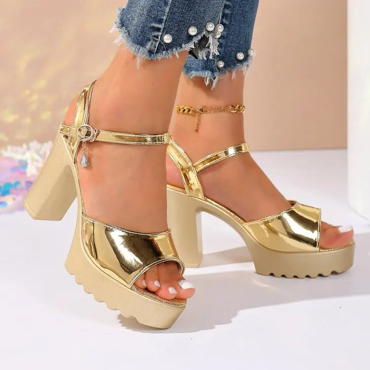 Summer Luxury Diamond Buckle Strap Women's Pumps Square Heel Solid Pumps Shoes Women Fashion Pu Platform High Heels Female