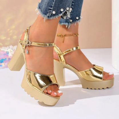 Summer Luxury Diamond Buckle Strap Women's Pumps Square Heel Solid Pumps Shoes Women Fashion Pu Platform High Heels Female