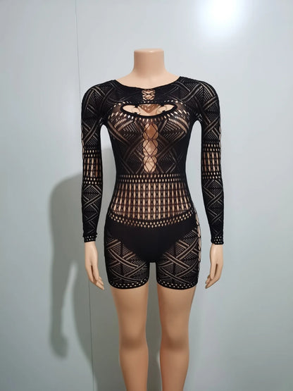 HBLL Sexy Sheer Mesh Playsuit Women Rompers Long Sleeve Hollow Out Skinny Night Club Outfit One Pieces Jumpsuit Shorts Bodysuit