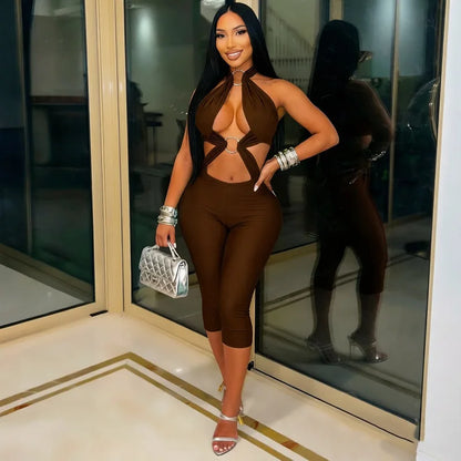 Stylish Lady Halter Jumpsuit Women Metal Ring Cutout Splicing Bodycon Capri Jumpsuit Backless Hollow Out Slim Club Party Romper