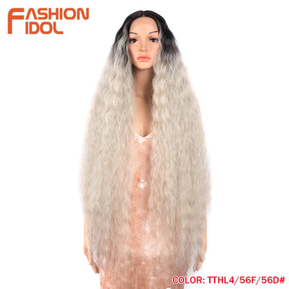 FASHION IDOL 42inch/105cm Super Long Lace Front Wigs Water Wavy Curly Hair Synthetic Wigs For Women Ombre Blonde Wigs Cosplay