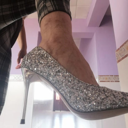 Women 7cm 9.5cm High Heels Pumps Wedding Bridal Scarpins Sparkly Mid Heels Lady Party Sequins Glitter Evening Gold Silver Shoes