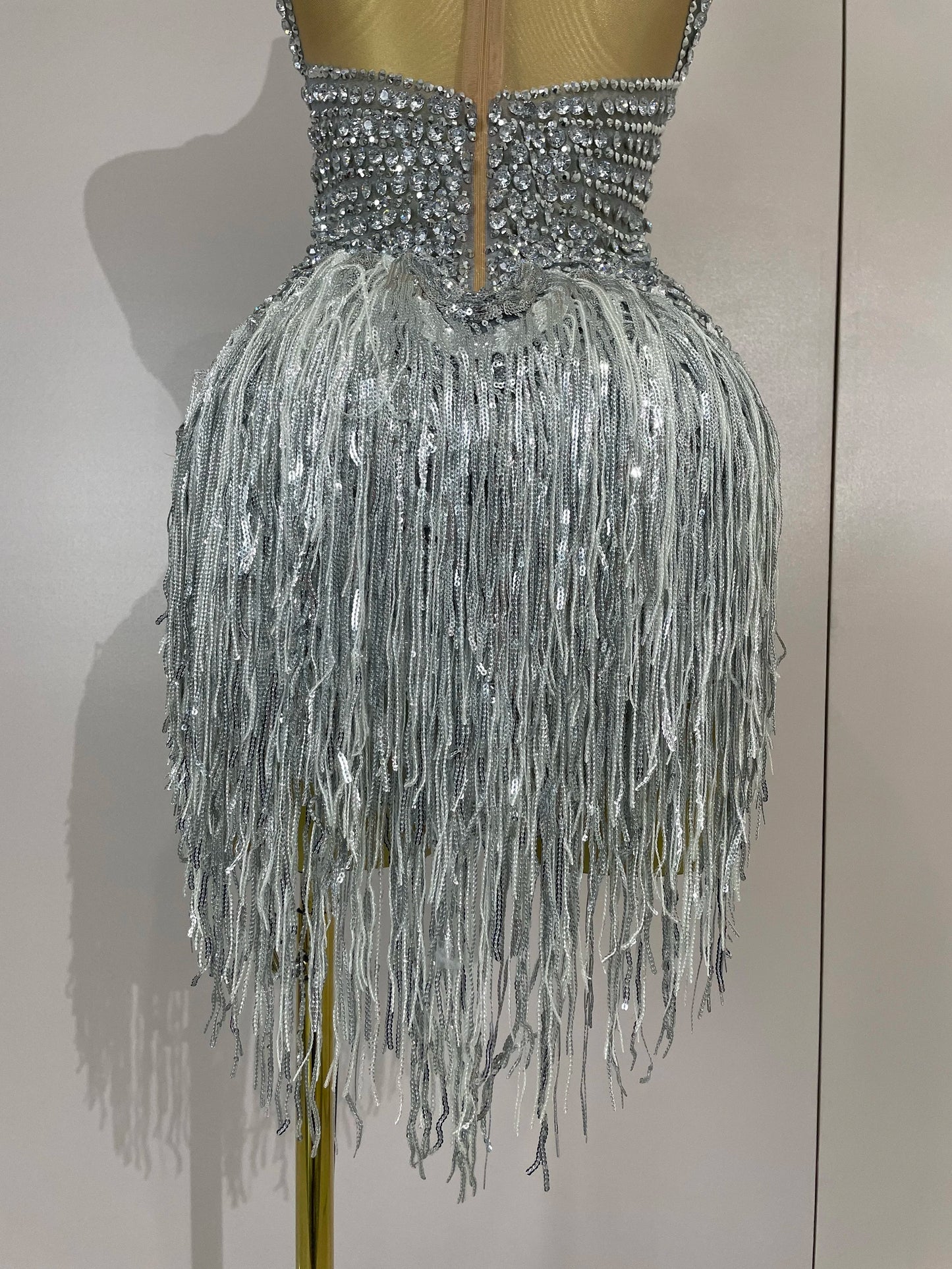 Luxury Sparkly Silver Diamonds Tassel Mesh Sheer Bodysuits Eveing Birthday Party Latin Dancer Bar Nightclub Sexy Stage Costume