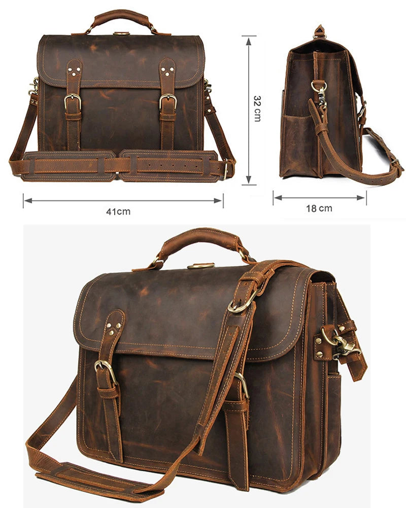Vintage Crazy Horse Genuine Leather Men Briefcase Large Business Bag Tote Office Bag 15.6“Laptop Case Attache Male Shoulder Bag