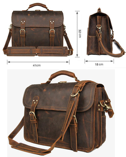 Vintage Crazy Horse Genuine Leather Men Briefcase Large Business Bag Tote Office Bag 15.6“Laptop Case Attache Male Shoulder Bag