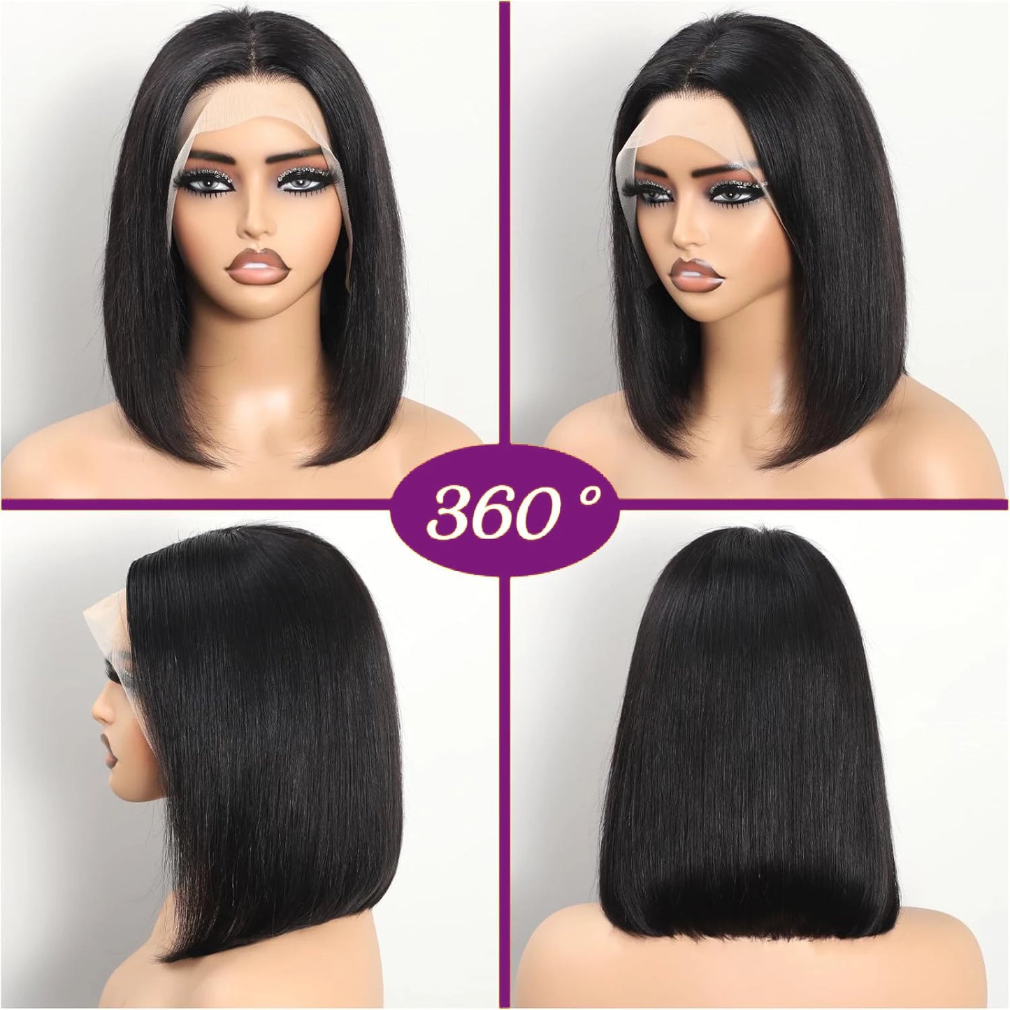 220% Density Straight 13x4 Lace Frontal Short Bob Wigs 100% Human Hair 4x4 Lace Closure Wig Virgin Bob Wigs #1B Natural Black