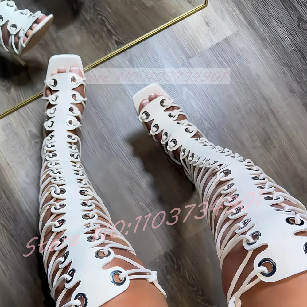 Lace-up Over The Knee Gladiator Sandals Women Fashion White Strappy Square Toe High Heels Sandals Sexy Bold Party Street Style
