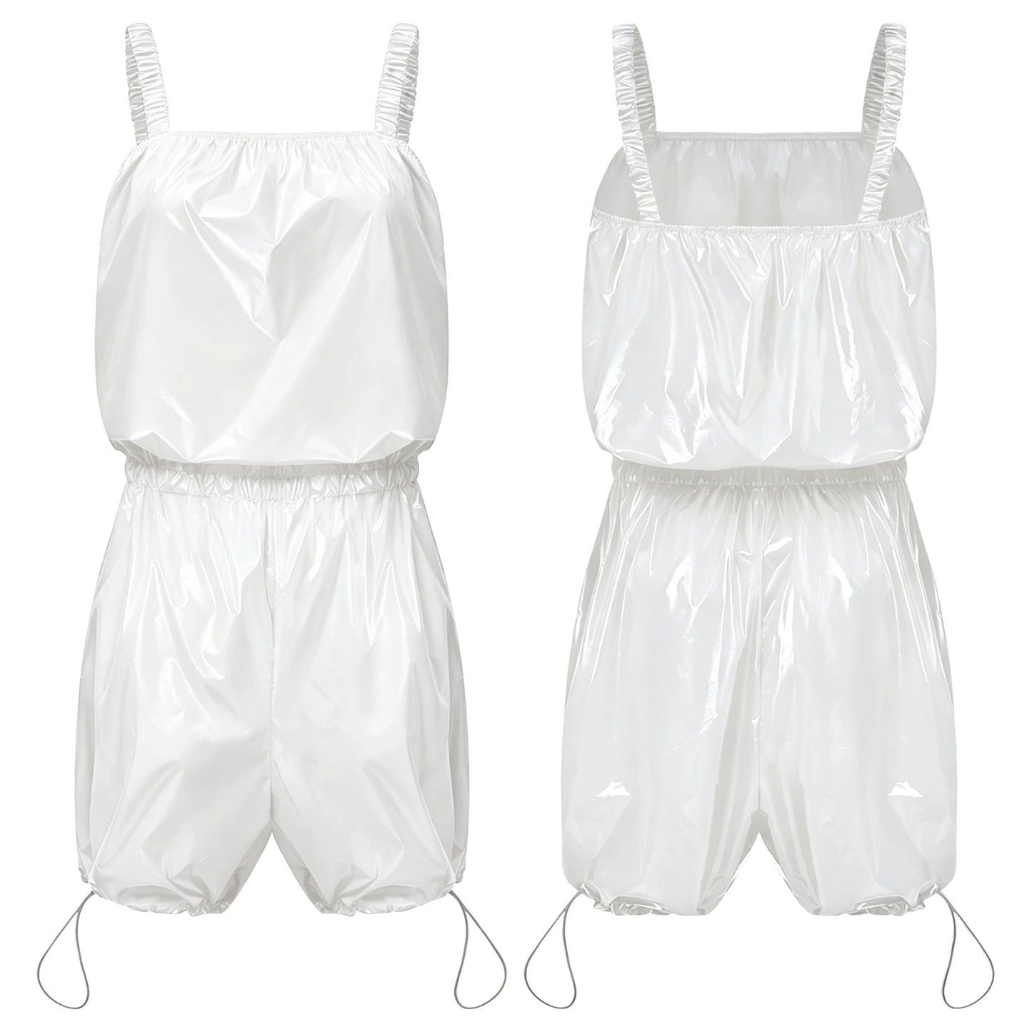 Womens Glossy Waterproof Diaper Cover Sling Bodysuit Waistband Drawstring Legs One-piece Cami Rompers Adaptive Short Jumpsuit