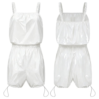 Womens Glossy Waterproof Diaper Cover Sling Bodysuit Waistband Drawstring Legs One-piece Cami Rompers Adaptive Short Jumpsuit