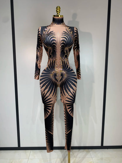 Sexy Long Sleeves Print Rhinestone Jumpsuits Drag Queen Show Stage Performance Costume Women Evening Party Nightclub Rompers